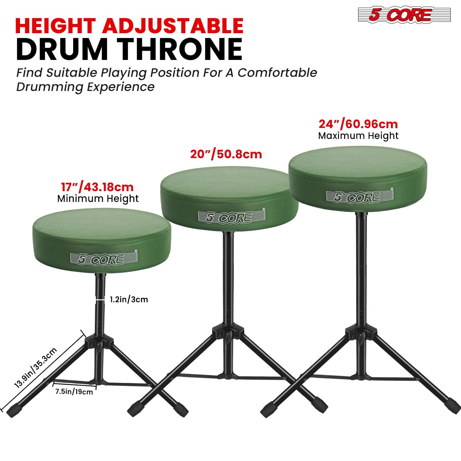 5 Core Drum Throne 3" Thick Padded Comfortable Guitar Stool Drummer Chair Adjustable Musician Seat